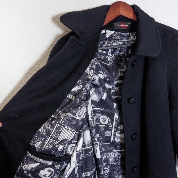 Alorna Wool Overcoat Graphic Lining Black Size L Dark Academia - Picture 6 of 14